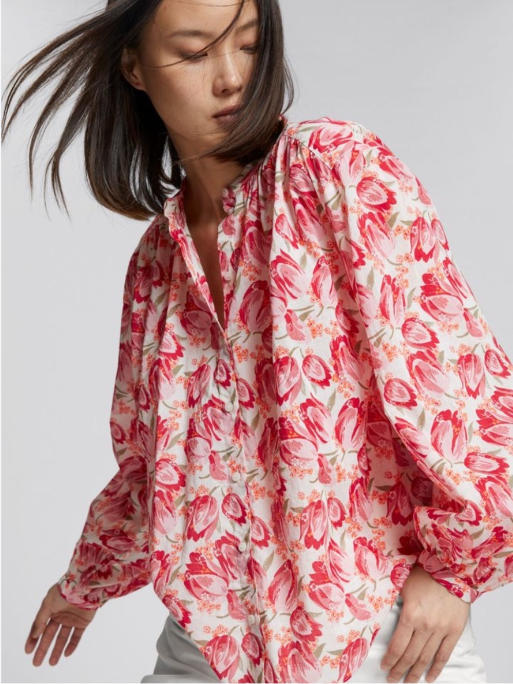 & Other Stories White Blouse with Red and Pink Tulip Print